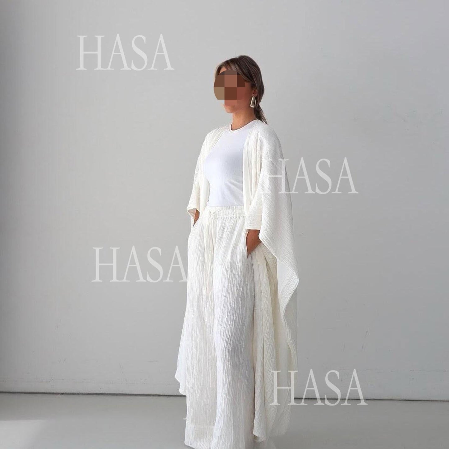 HA6486 Simple Cardigan with Wide-leg Pants, Solid Color Daily Two-piece Suit
