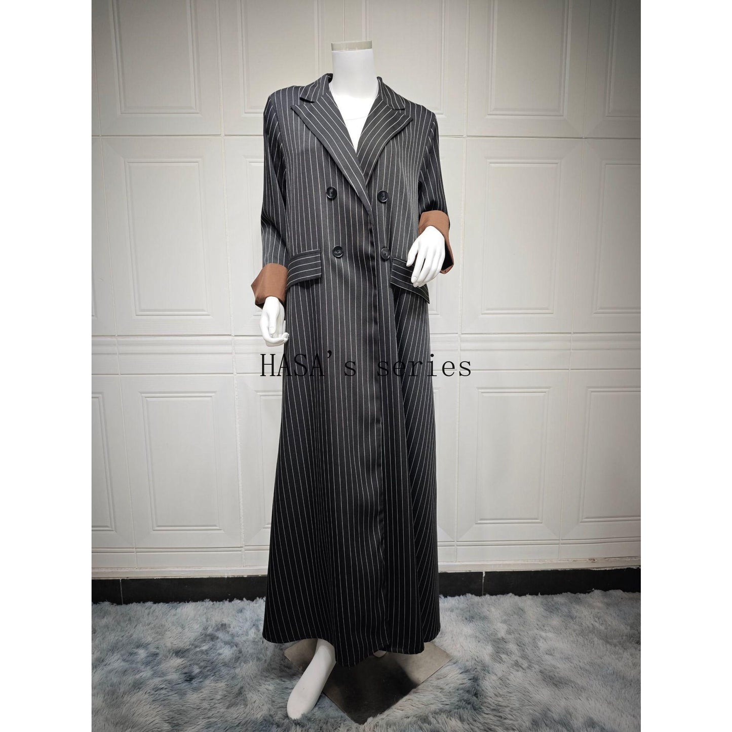 HS5101 Double-breasted, Pinstriped, Long Coat-style Robe with A Loose and Elegant Dress Design.