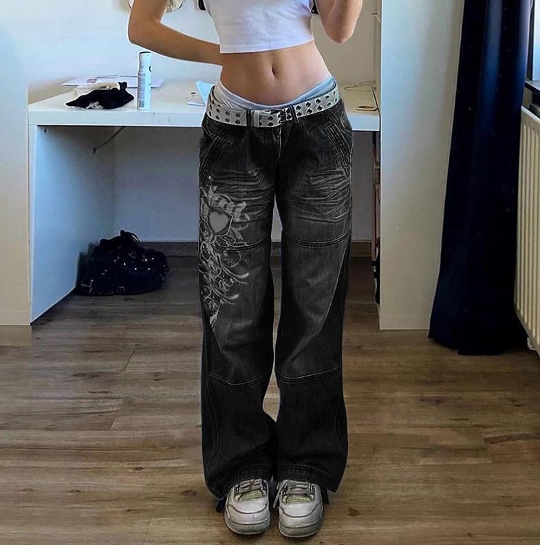 HA6382 Street Style Women's Clothing Irregular Printing Loose Trousers Low Waist Folds Washed for Old Multi-colored Jeans