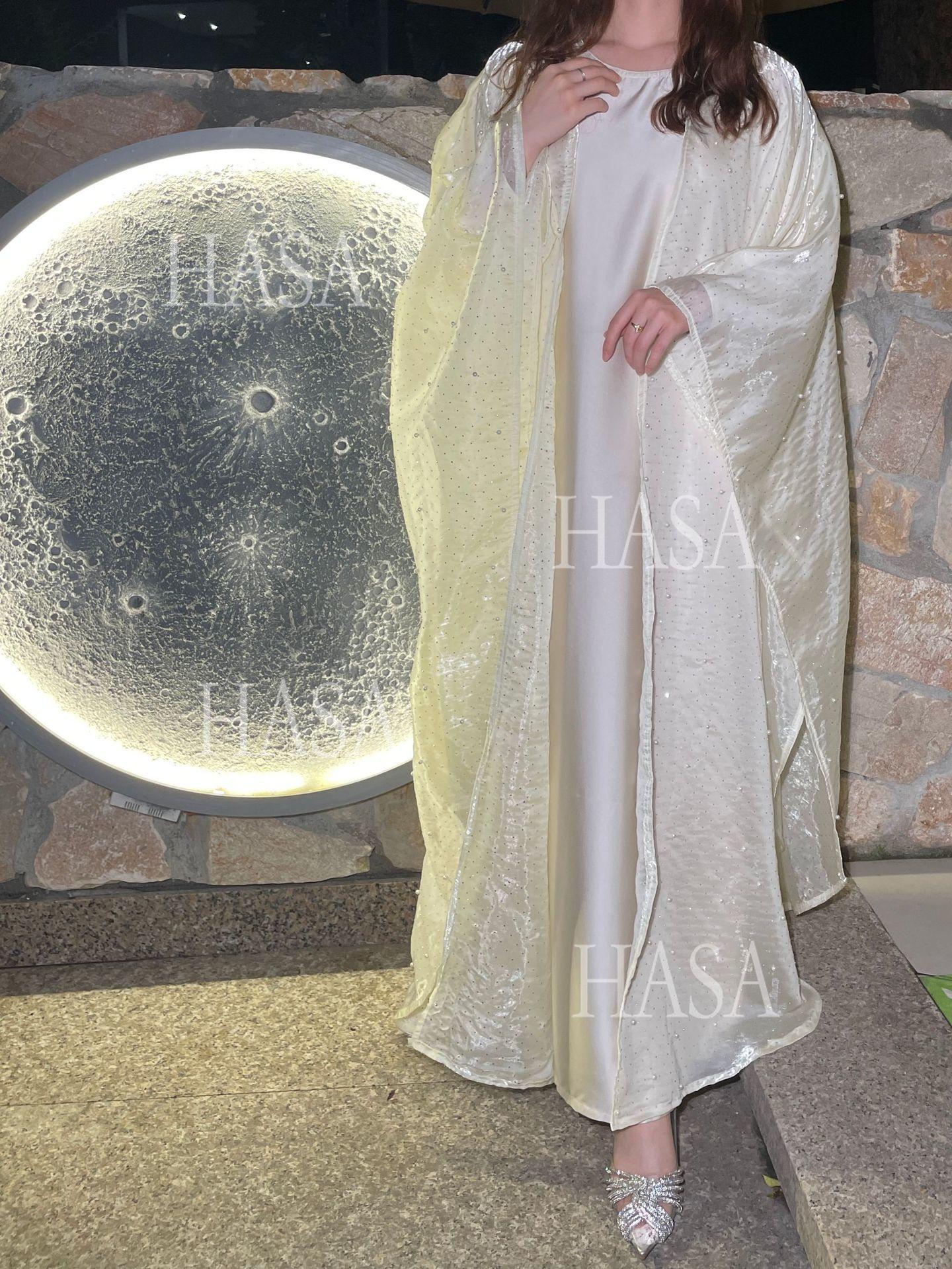 HA6540 Elegant Rhinestone Abaya Two-Piece Set with Outer Cape
