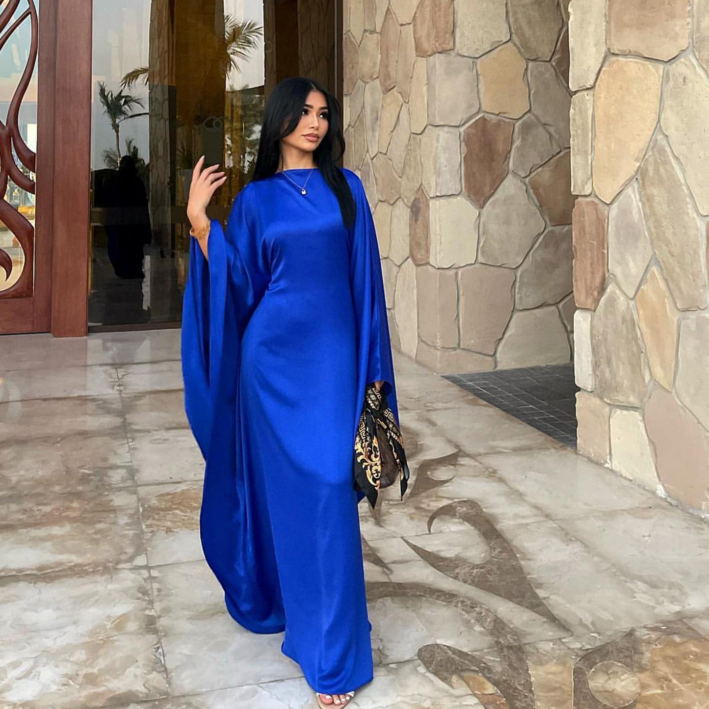 HA1504 Satin Batwing Sleeve Kaftan with Inner Belt