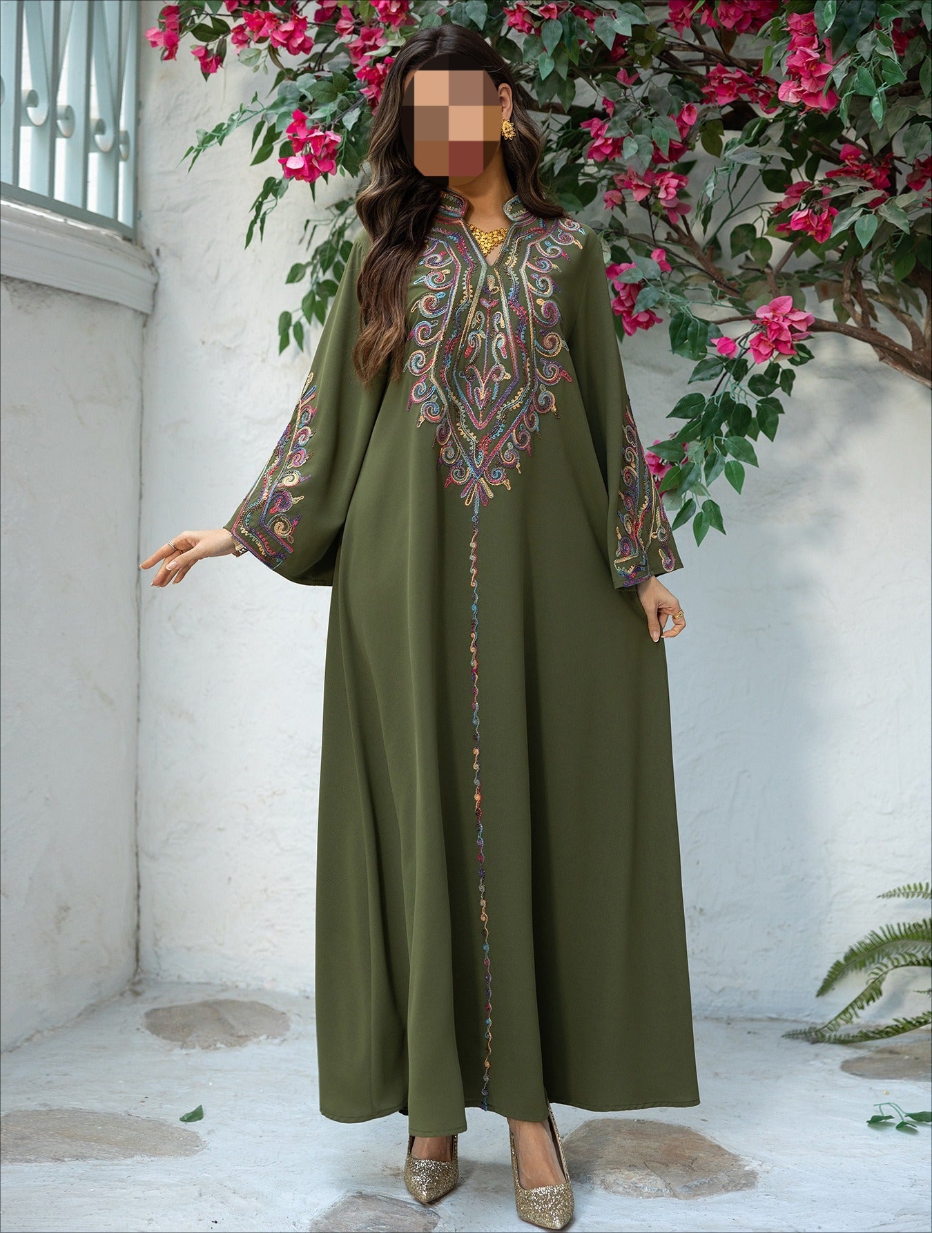 HA6669 Pullover Embroidered Robe Dress with Simple Long Sleeves