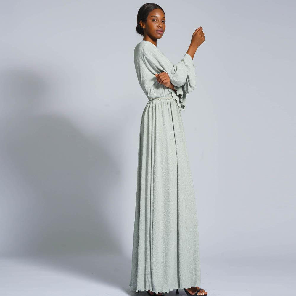 HAYA0434 Muslim Ladies Stretch Crumpled Sprinkle Gold Dress Solid Color Bell Sleeve Long Dress