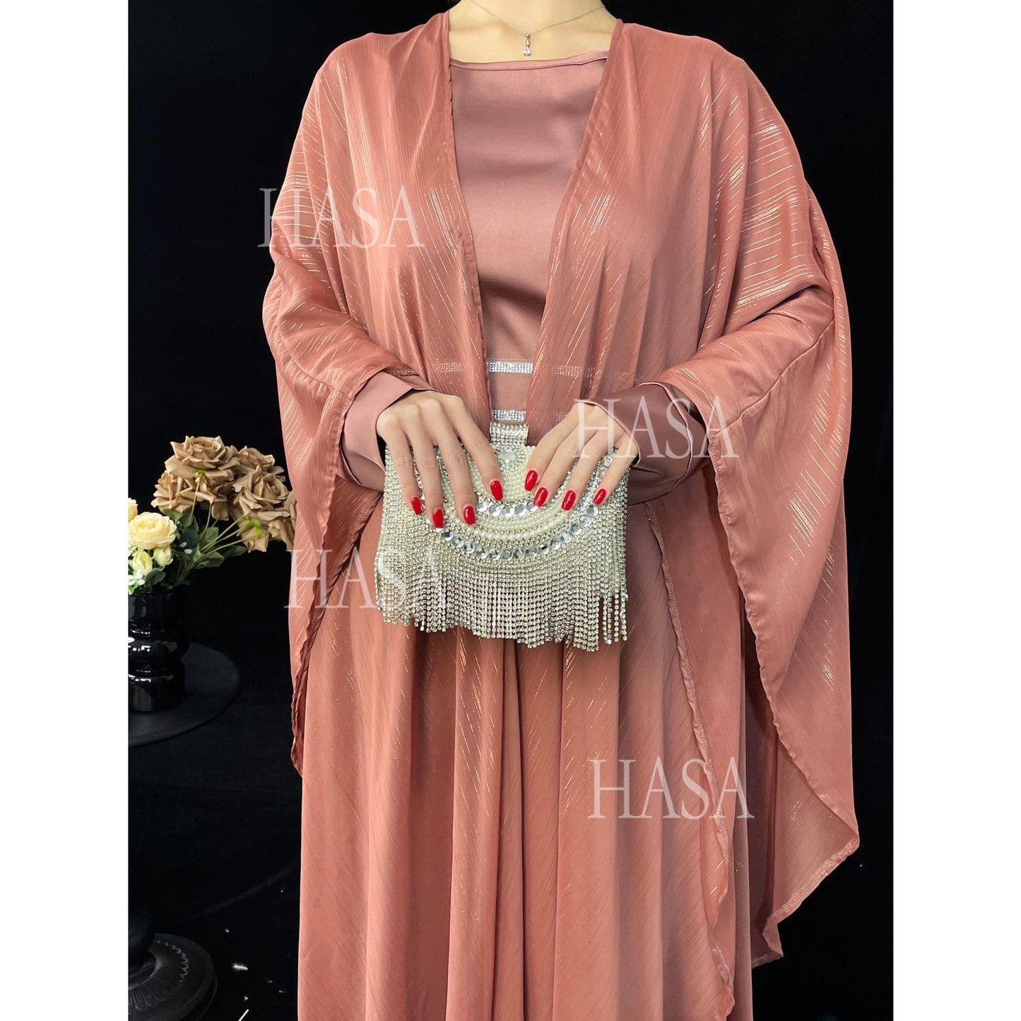 HA6571 Gold embellished long Abaya skirt set