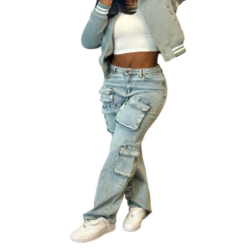 HA1917 Three-dimensional Multi-bag Tooling Style Denim Trousers