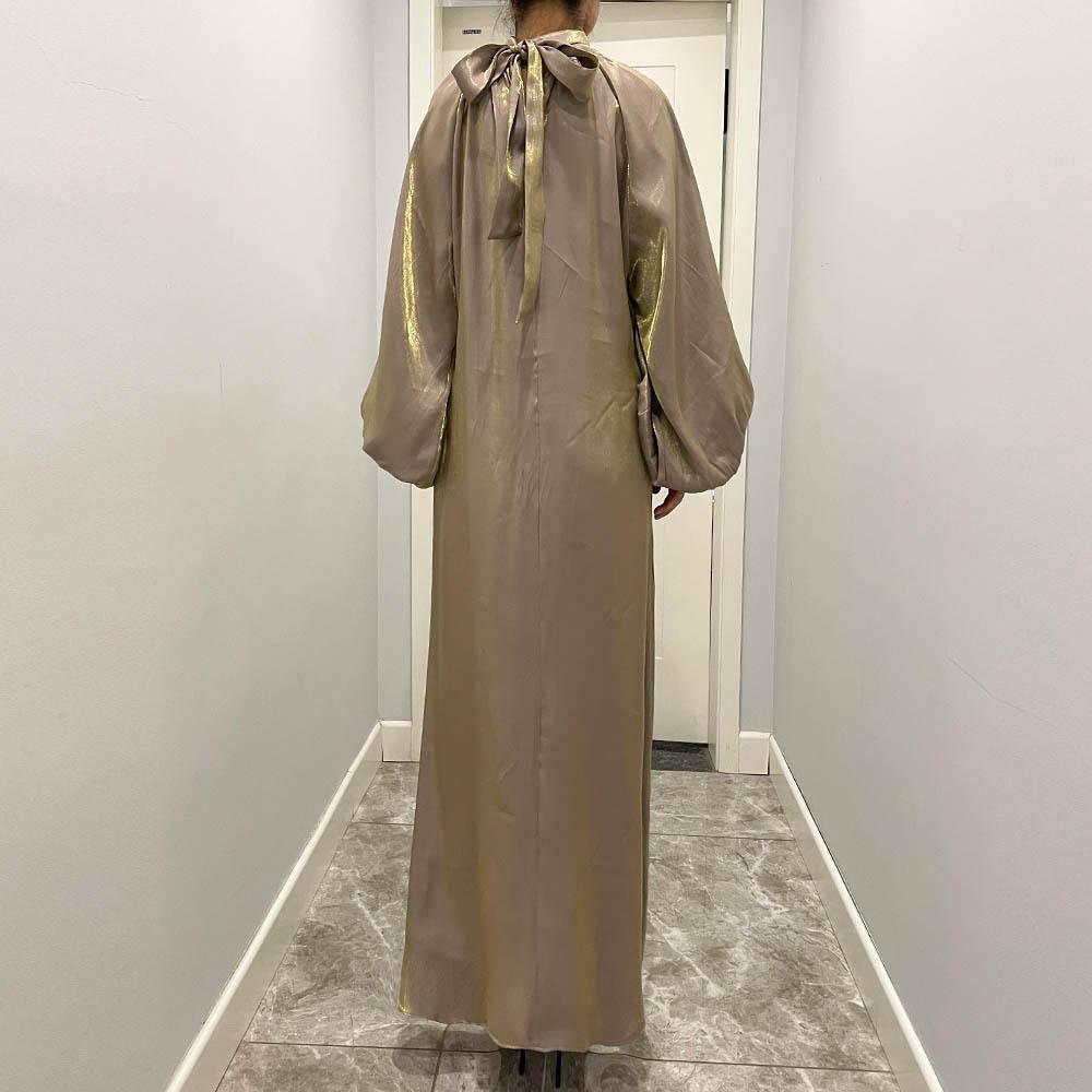 HAYA10043 HAYA  Large Lantern Sleeves Long Bright Silk Dress Stand Up Collar Back Tie Women's Dress Abaya