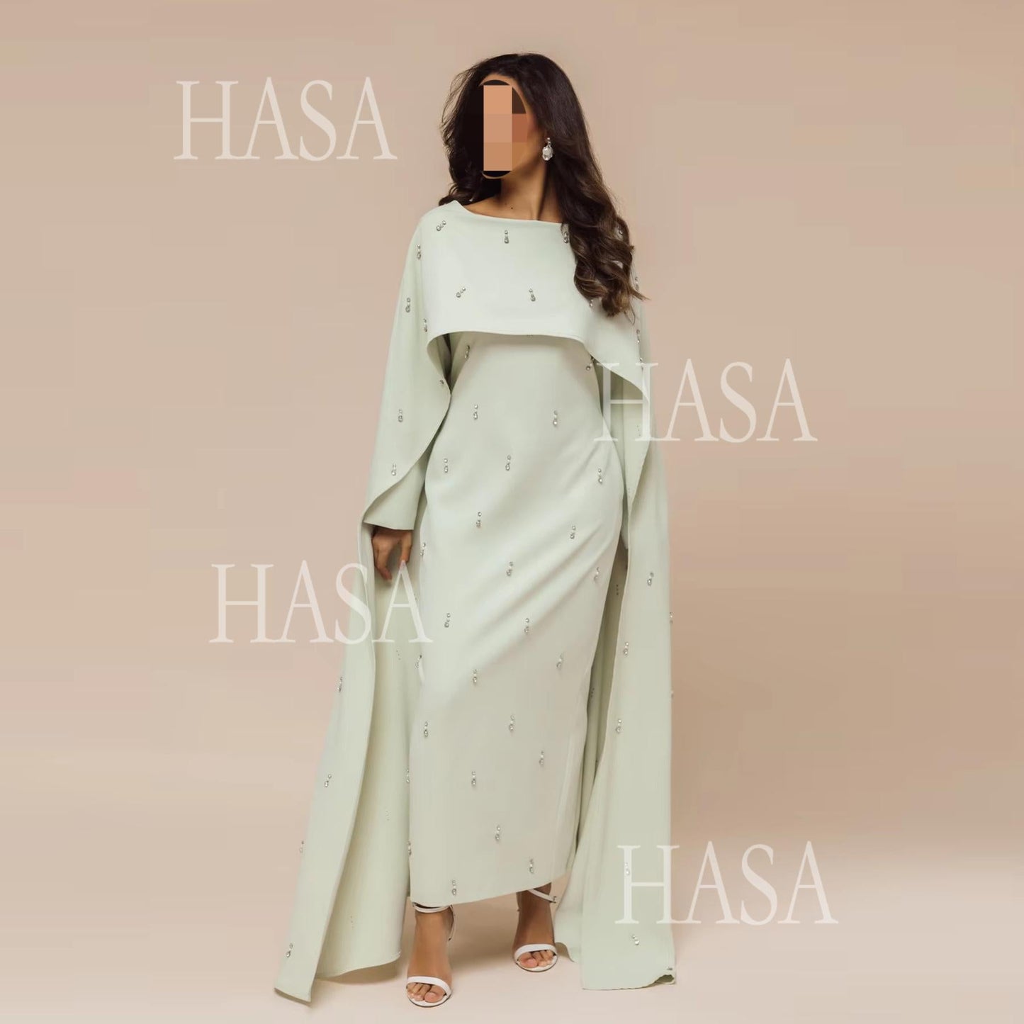 HA6505 Solid color beaded long dress with fake two-piece design