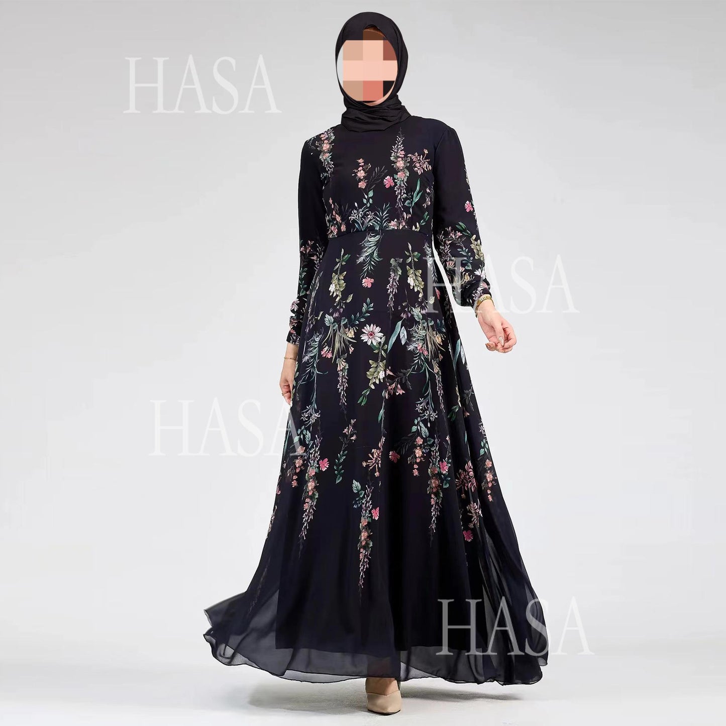 HA6531 Chiffon Printed Ankle-Length Maxi Dress with Long Sleeves