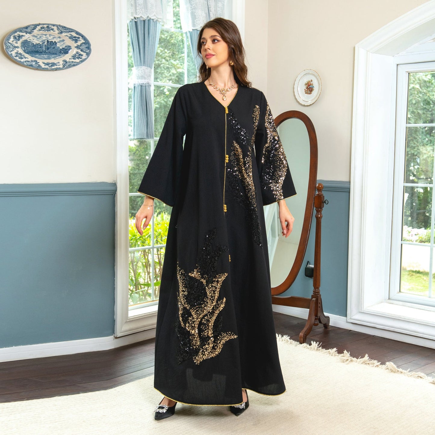 HA6659  Long-sleeved Sequined Embroidered Patchwork Dress with A Light Silhouette and Soft Color Scheme.