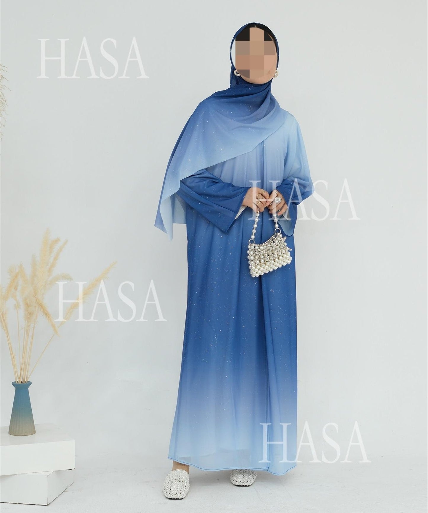 HA6617 Gradient Color Long Cardigan Two-Piece Set (Including Headscarf)