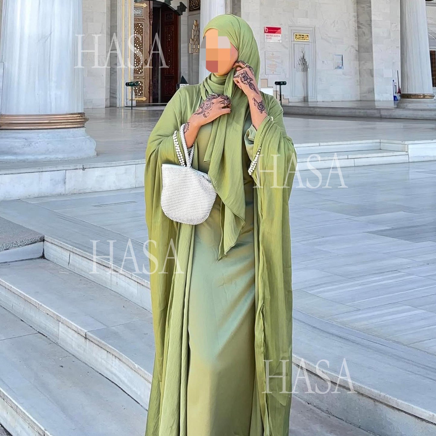 HA6553  Two-Piece Solid Abaya with Beaded Details and Matching Scarf Option