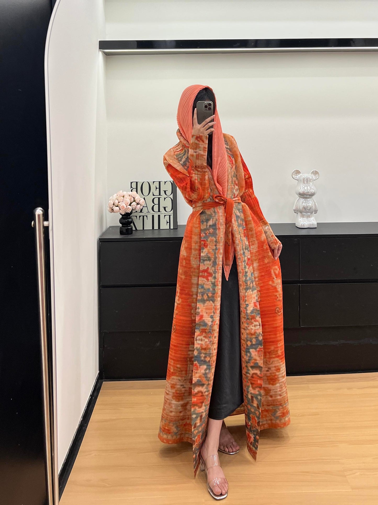 HASASERIES HS6714 Desert Bloom Vibrant Orange Abaya with Floral Prints