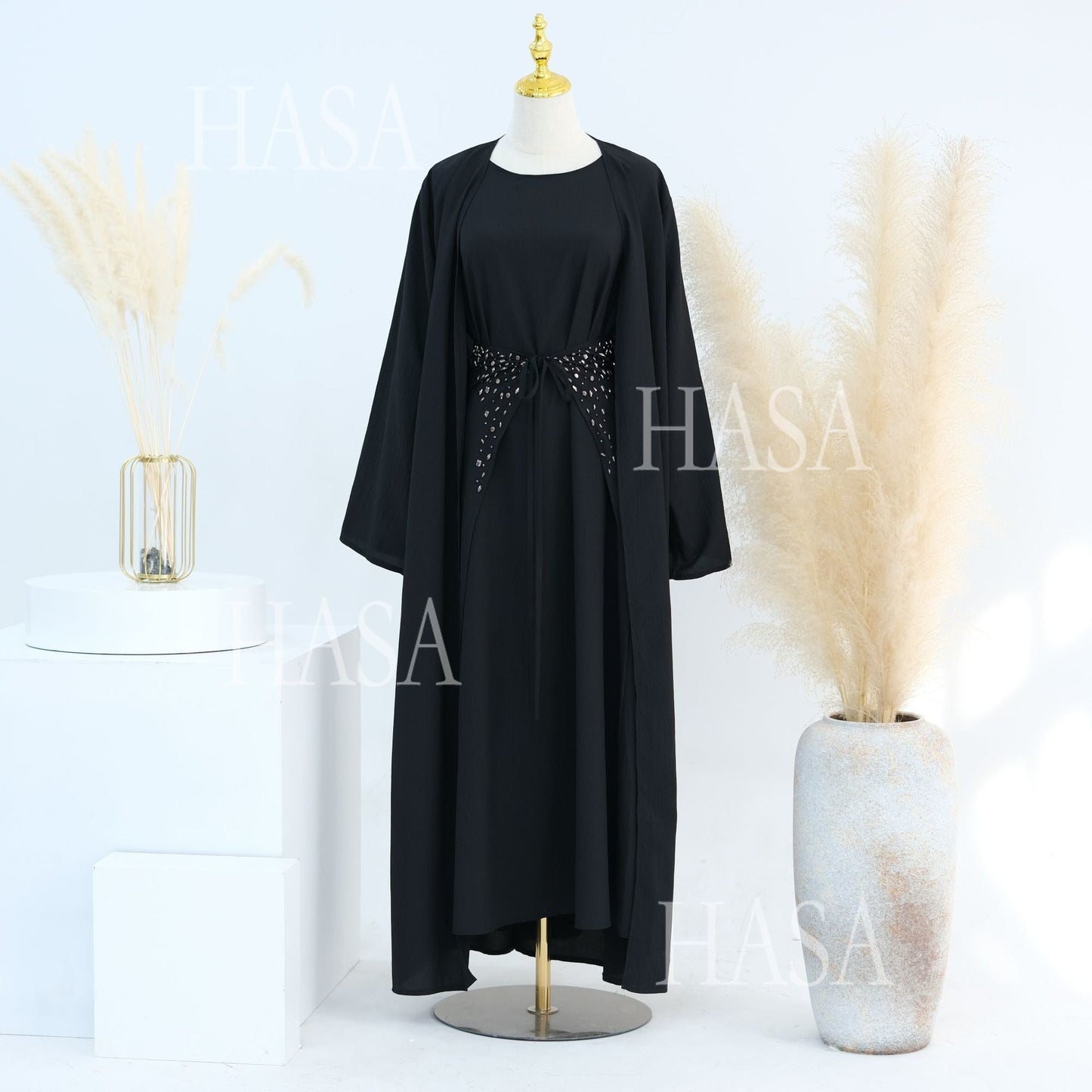 HA6578 Women's Solid Color Three-piece Robe Set (long Skirt + Skirt + Cardigan Jacket)
