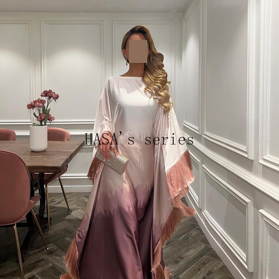 HS5095 Romantic Gradient Fringed Robe, Elegant Printed Long Dress