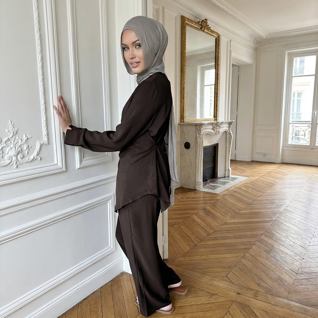 HA6614 Modest Nida Two-Piece Set with Waist Tie & Pocket Trousers