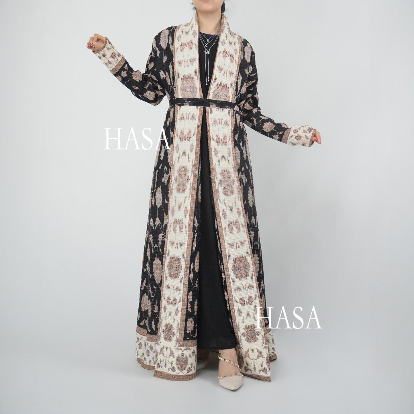 HS5846 Color-blocked Placket Printed Open-front Long Coat