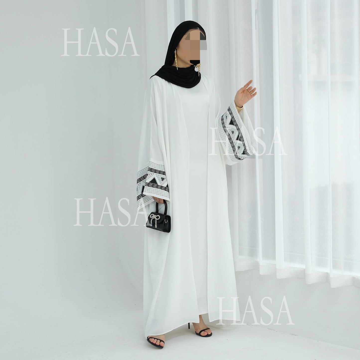 HASA's Series HA6506 Long Wide Sleeve Embroidered Robe Cardigan (No Headscarf)