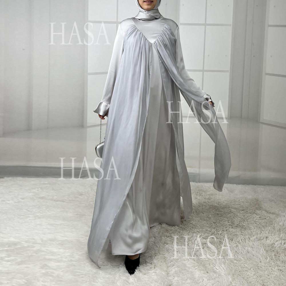 HS5858 Elegant Bright Satin Robe (without Headscarf), Clever Splicing Creates Multi-faceted Charm