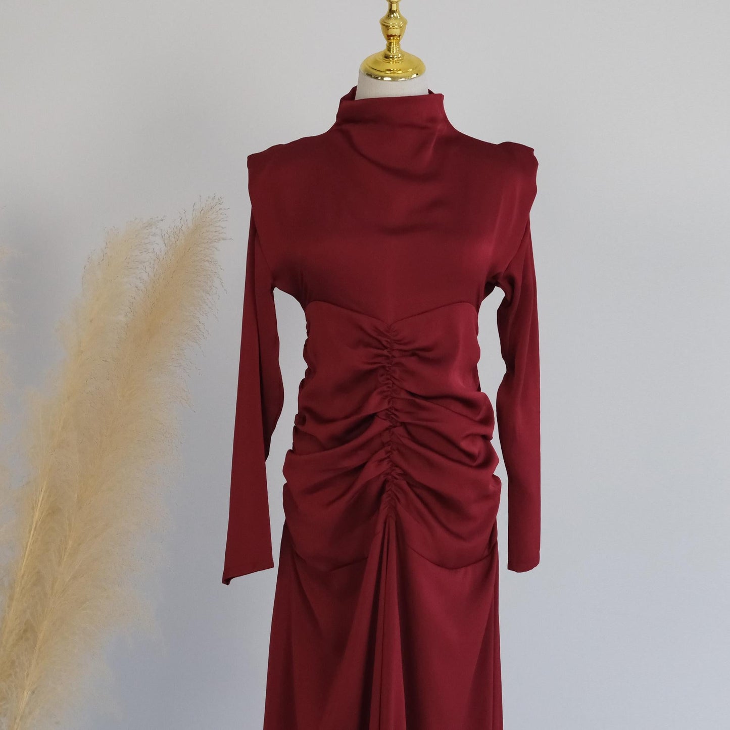 HAYA HAYA1020 Solid Color High Neck Slimming Robe Dress