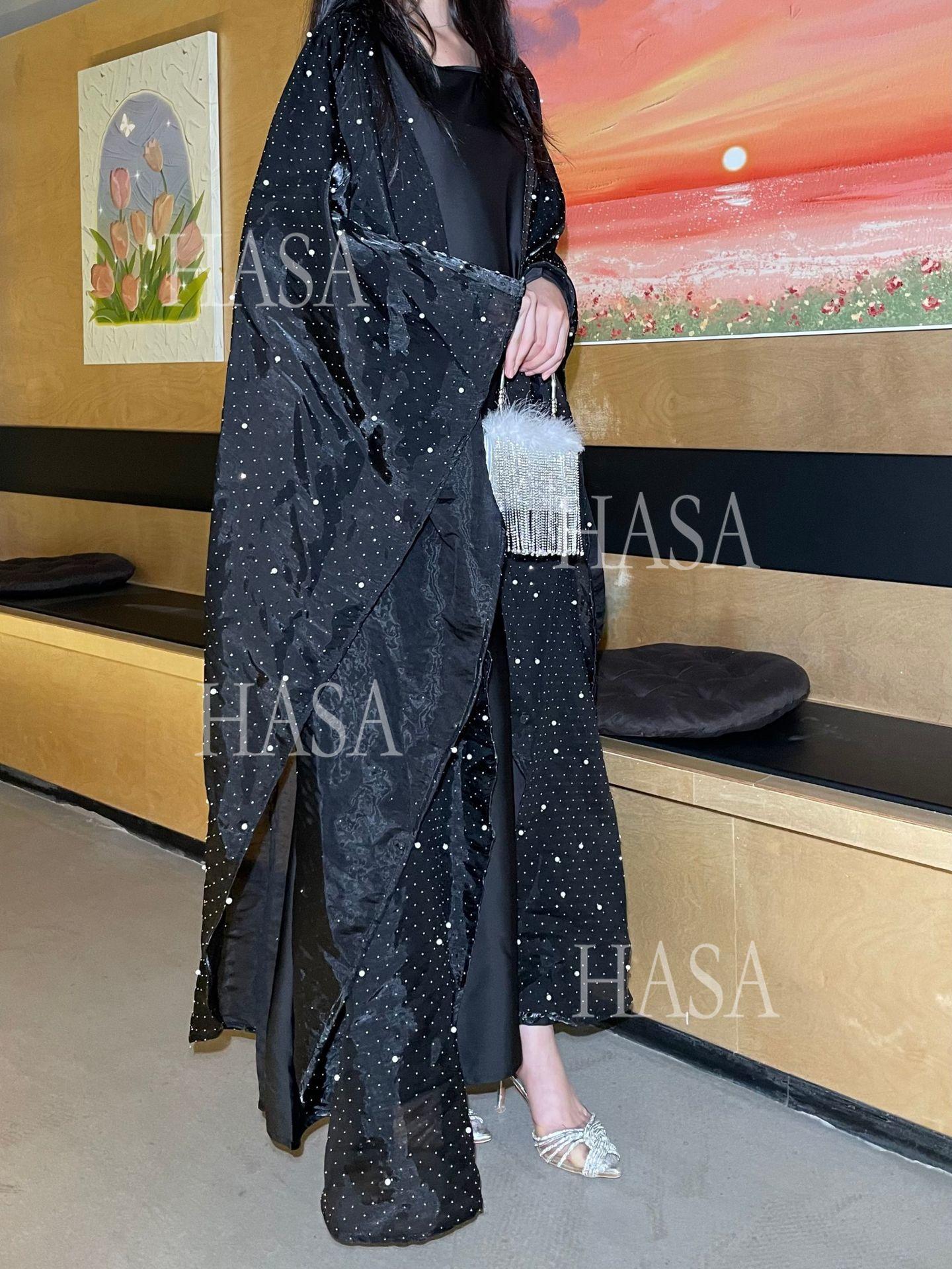 HA6540 Elegant Rhinestone Abaya Two-Piece Set with Outer Cape