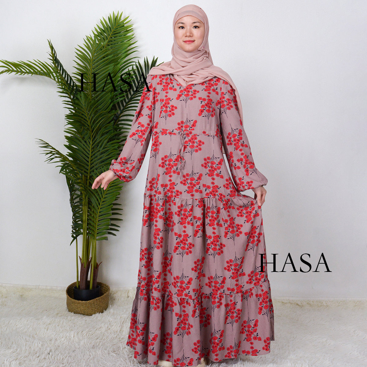 HAYA0819 Rayon long dress V-neck flower dress