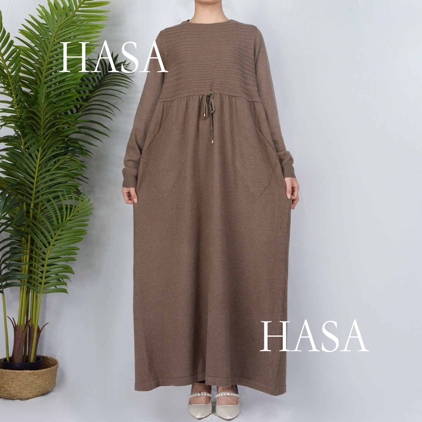 HAYA0119 knitted long dress with waist belt and pockets autumn and winter