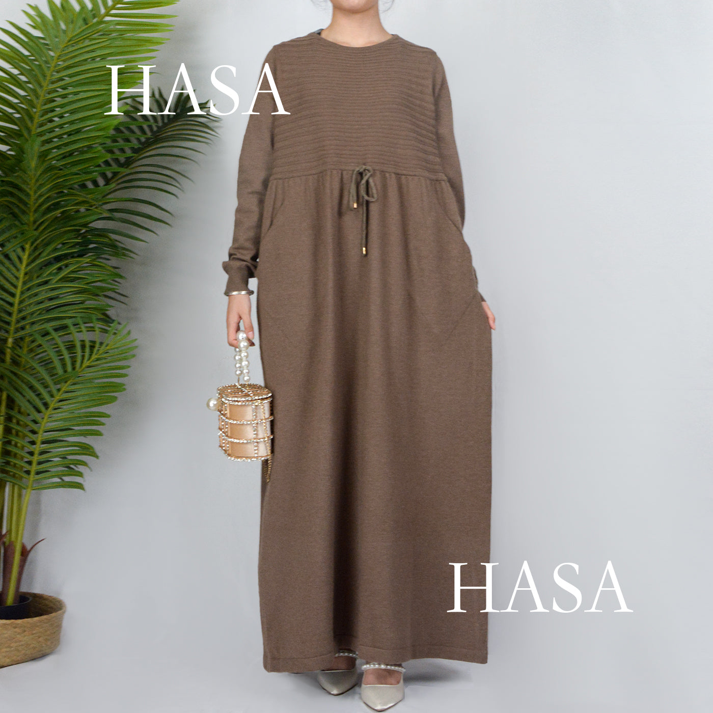 HAYA0119 knitted long dress with waist belt and pockets autumn and winter