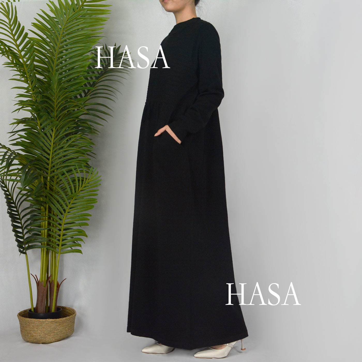 HAYA0119 knitted long dress with waist belt and pockets autumn and winter