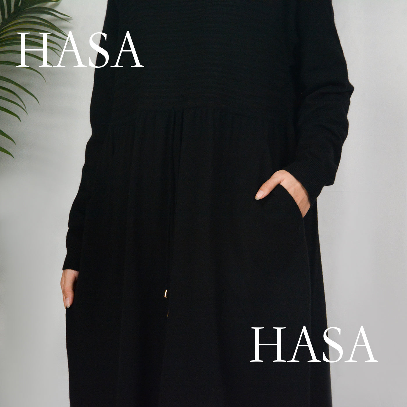 HAYA0119 knitted long dress with waist belt and pockets autumn and winter