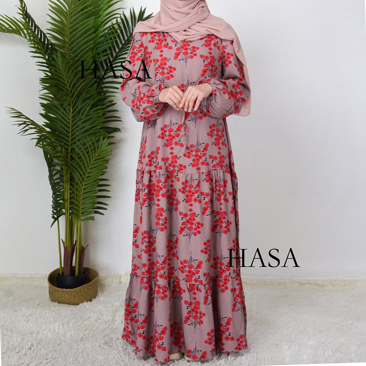 HAYA0819 Rayon long dress V-neck flower dress