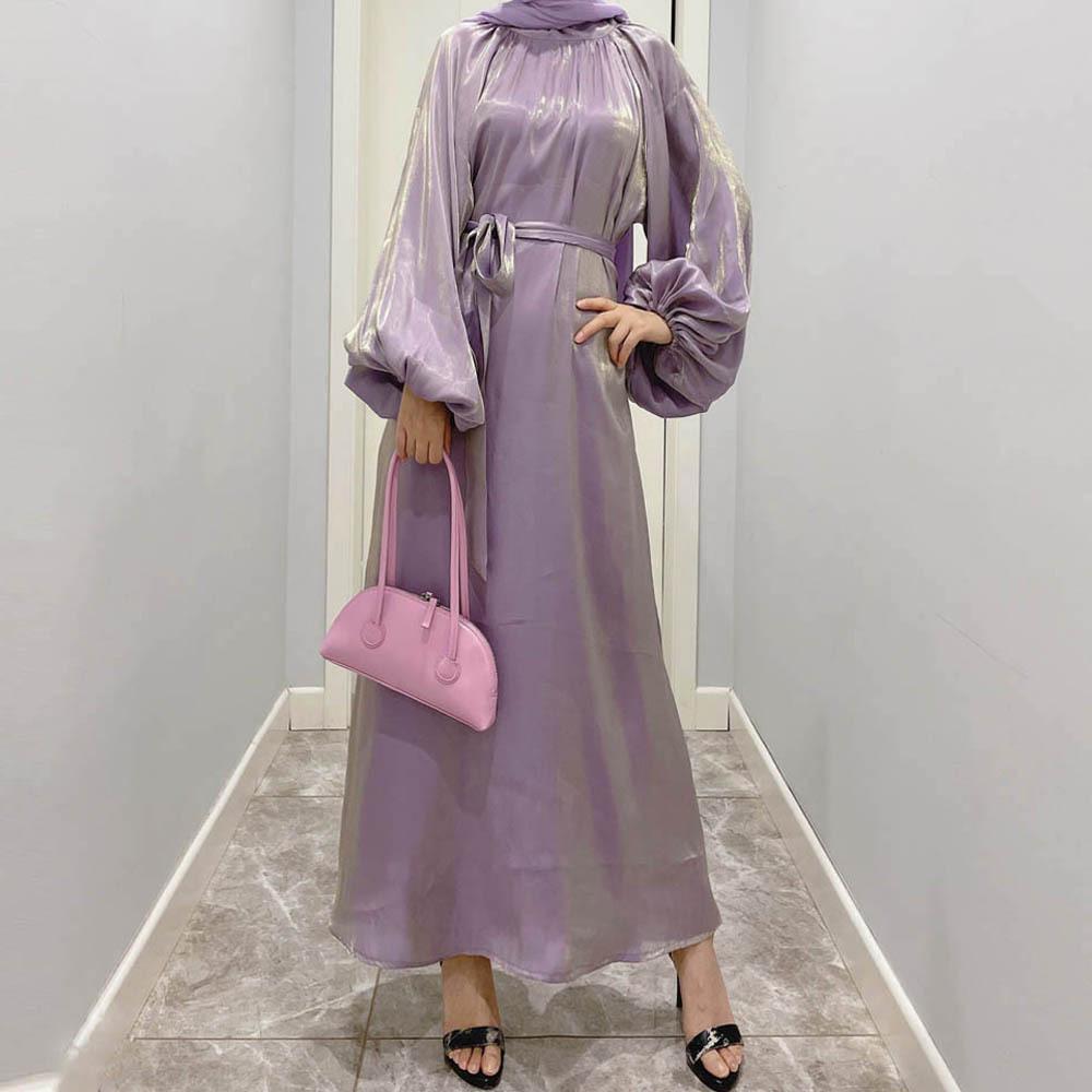 #HAYA10043  S-2XL  Large lantern sleeves Long bright silk dress Stand up collar Back tie Women's dress