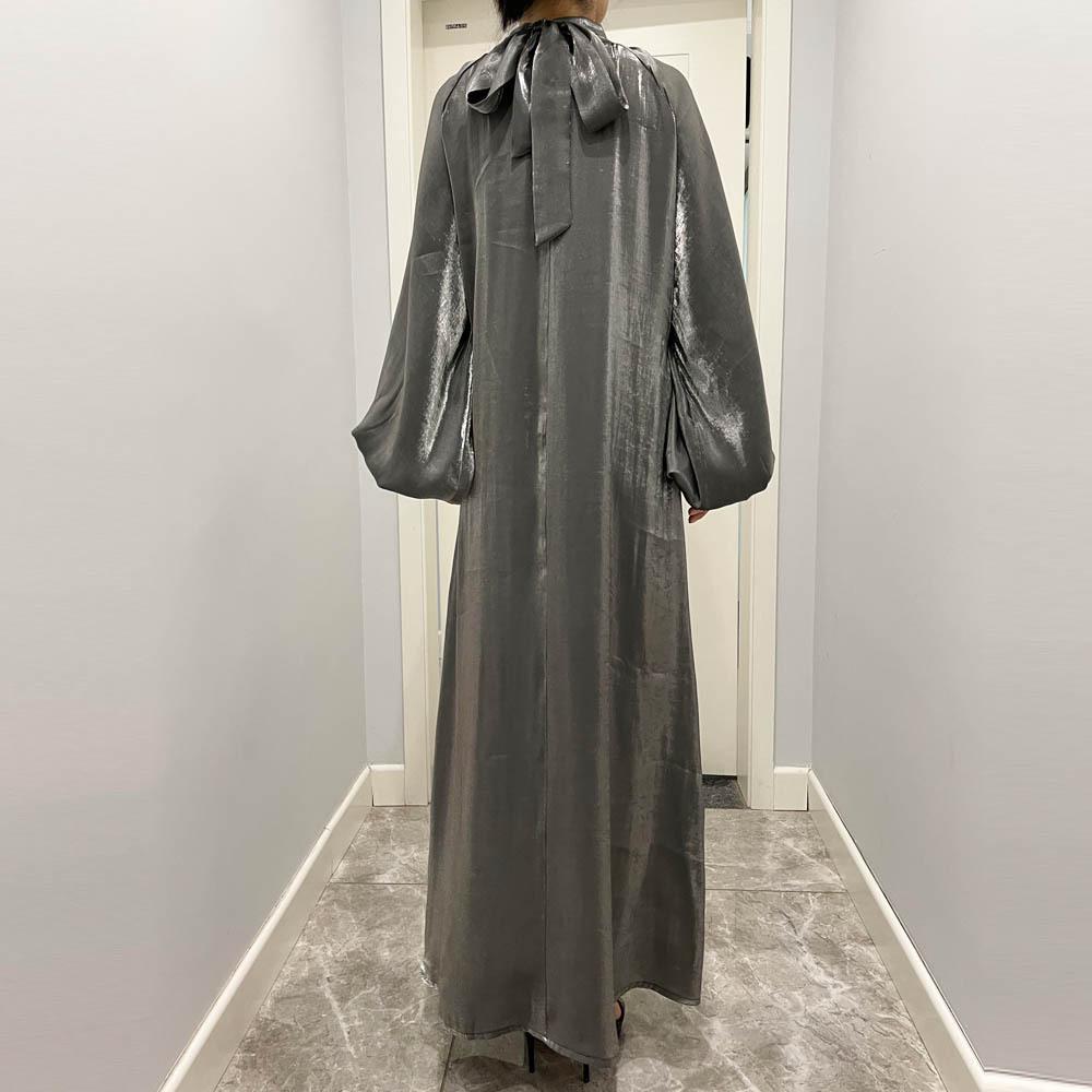#HAYA10043  S-2XL  Large lantern sleeves Long bright silk dress Stand up collar Back tie Women's dress