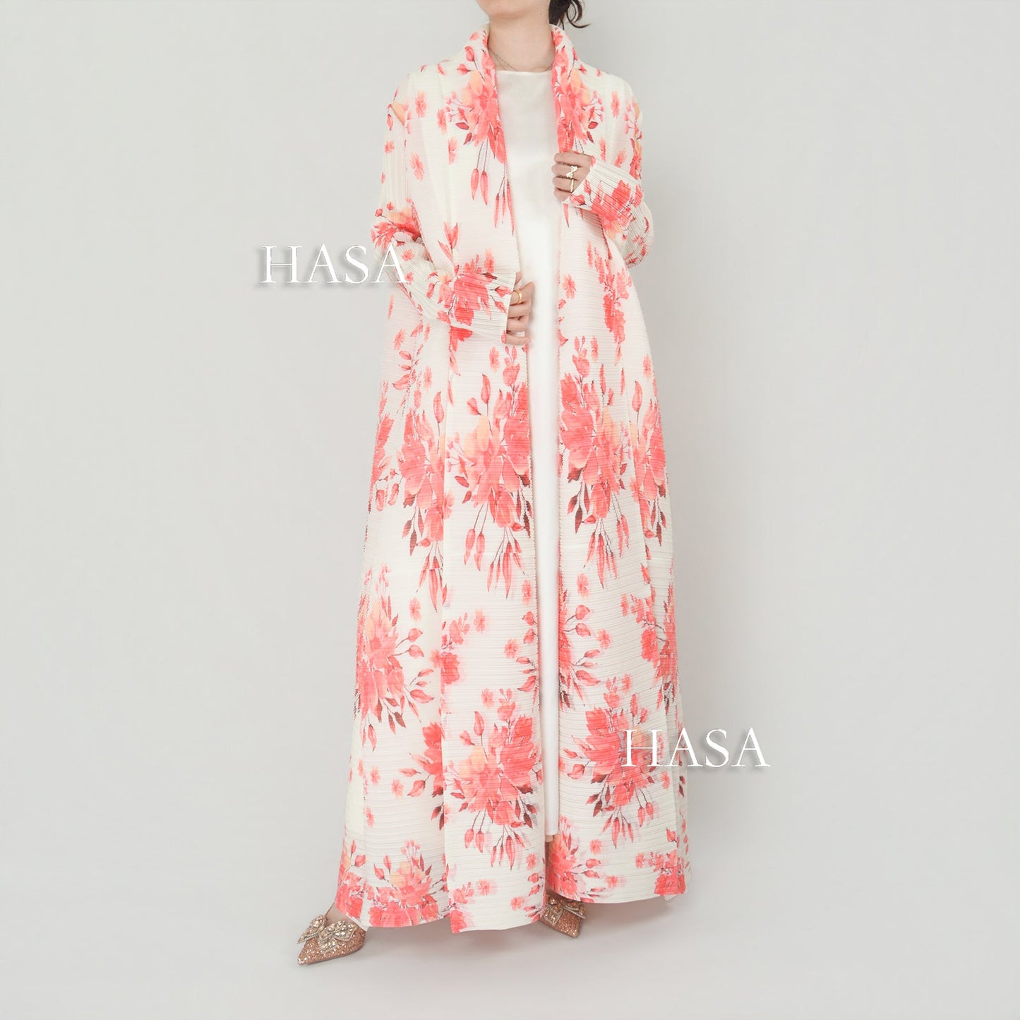 HS6701 Spring Blooms Burgundy Printed Pleated Abaya Cardigan