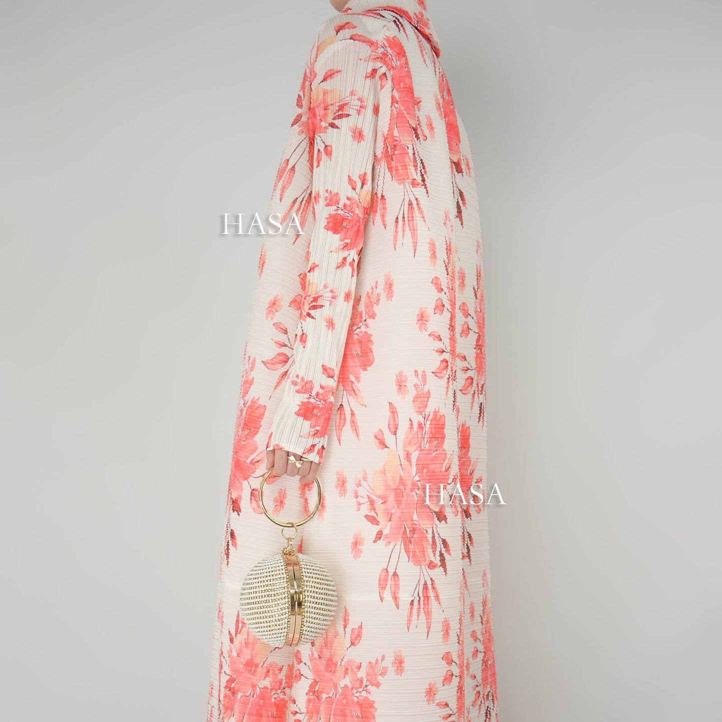 HS6701 Spring Blooms Burgundy Printed Pleated Abaya Cardigan