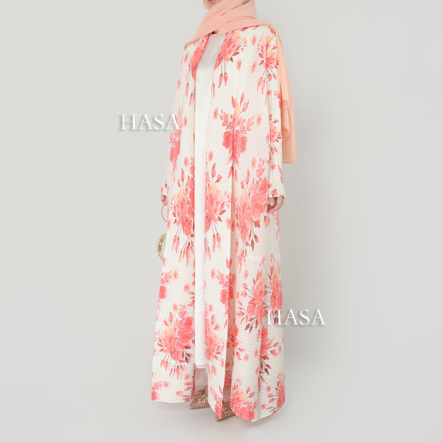 HS6701 Spring Blooms Burgundy Printed Pleated Abaya Cardigan