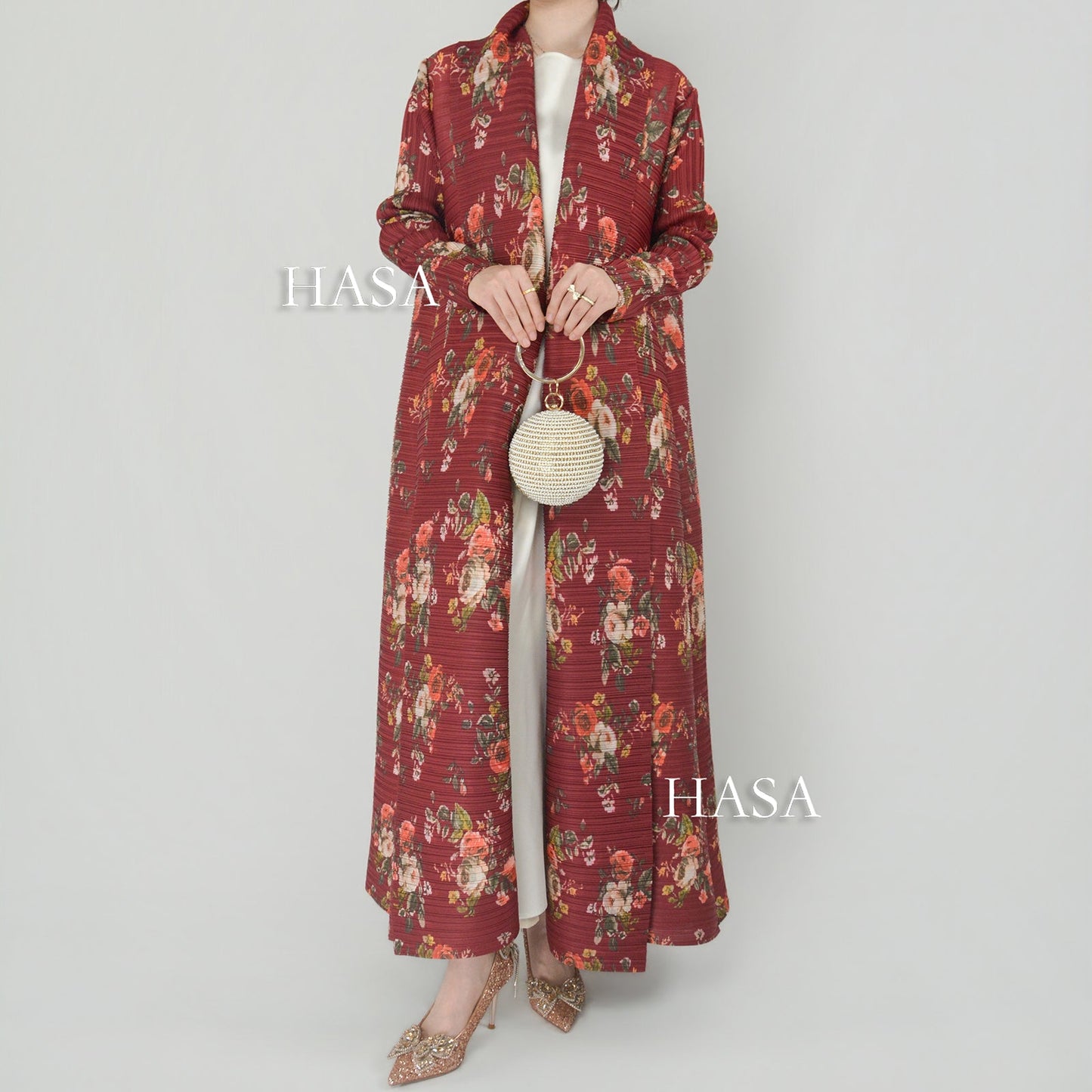 HS6701 Spring Blooms Burgundy Printed Pleated Abaya Cardigan