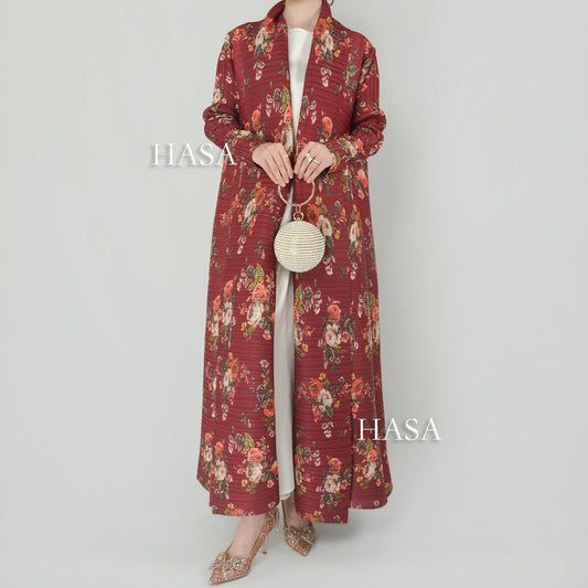 HS6701 Spring Blooms Burgundy Printed Pleated Abaya Cardigan