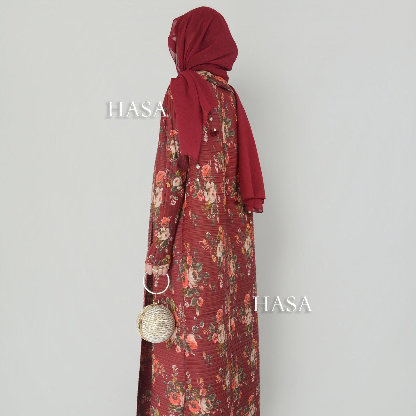 HS6701 Spring Blooms Burgundy Printed Pleated Abaya Cardigan