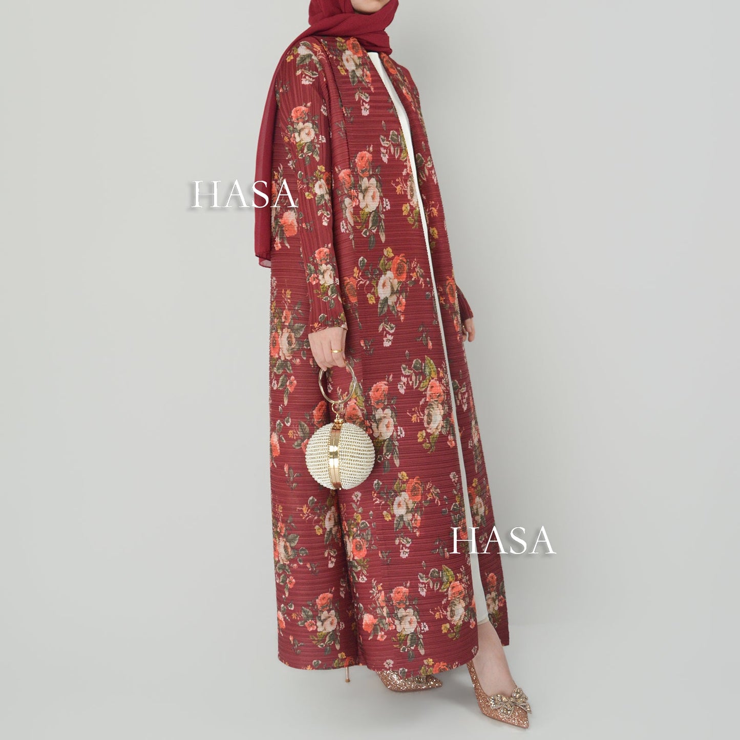 HS6701 Spring Blooms Burgundy Printed Pleated Abaya Cardigan