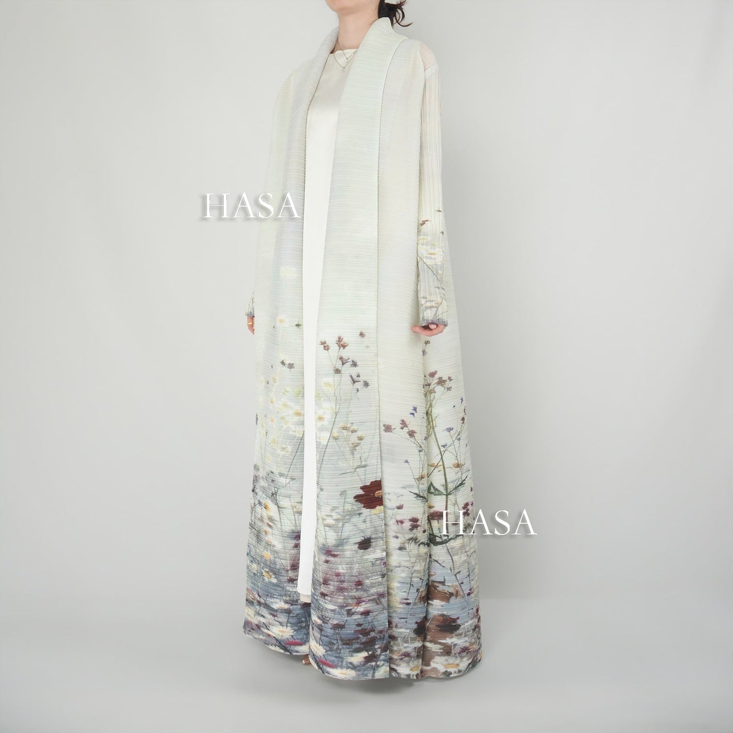 HS6701 Spring Blooms Burgundy Printed Pleated Abaya Cardigan