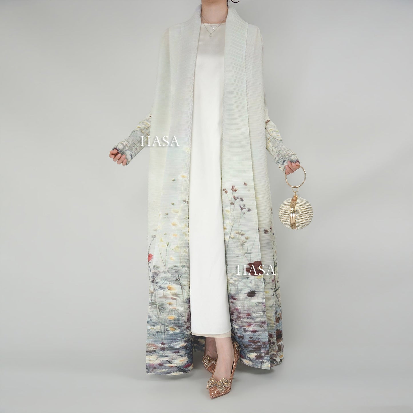 HS6701 Spring Blooms Burgundy Printed Pleated Abaya Cardigan