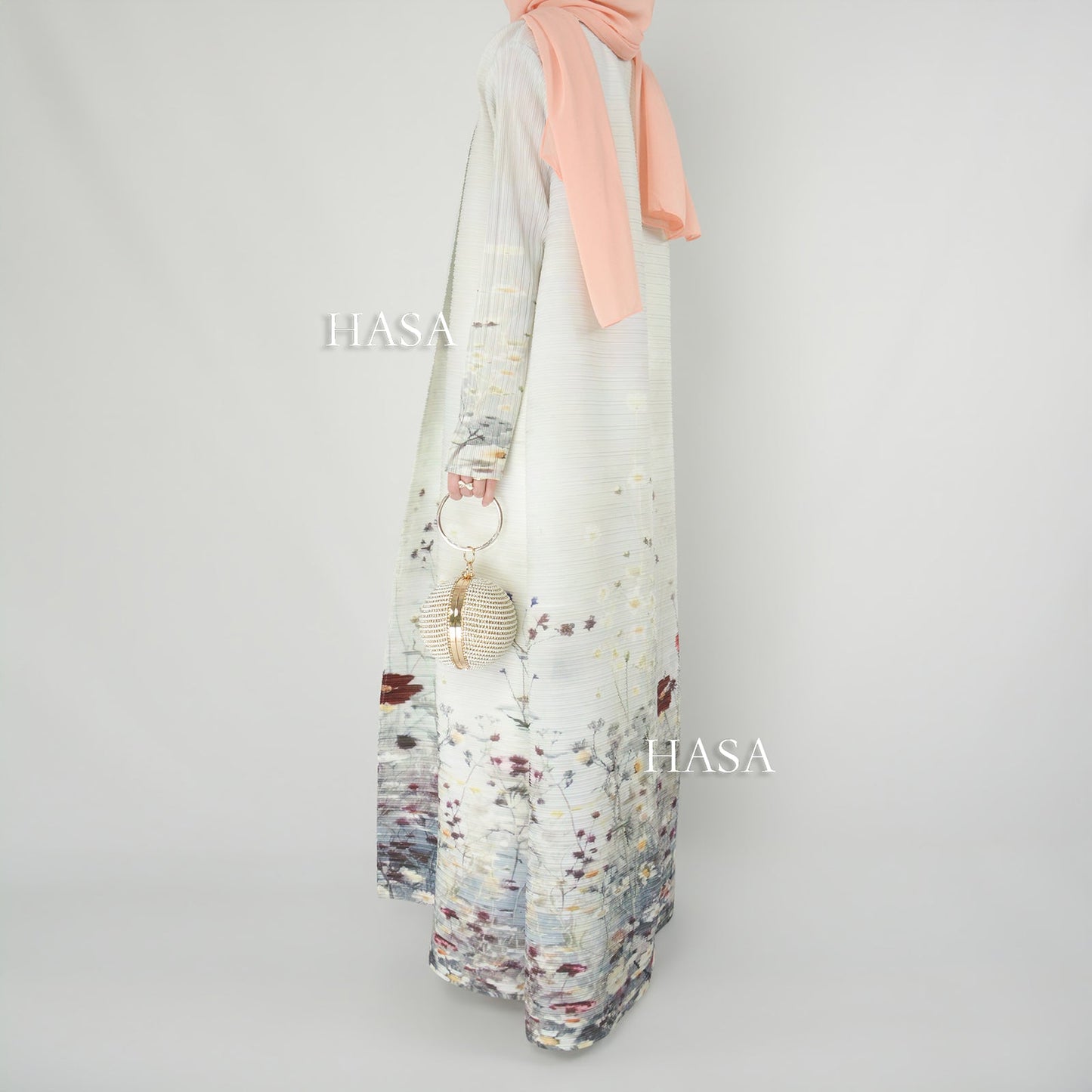 HS6701 Spring Blooms Burgundy Printed Pleated Abaya Cardigan