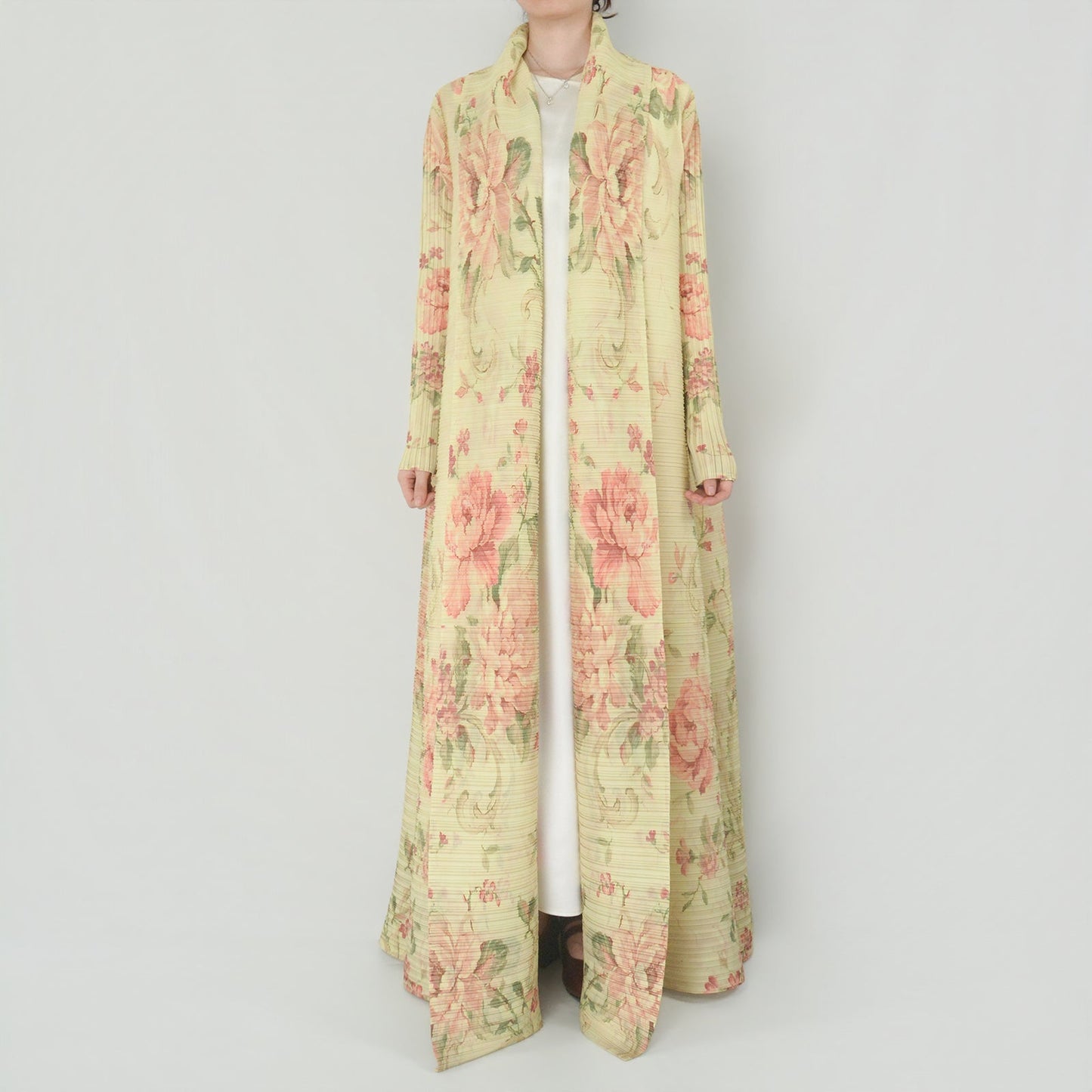 HS6701 Spring Blooms Burgundy Printed Pleated Abaya Cardigan