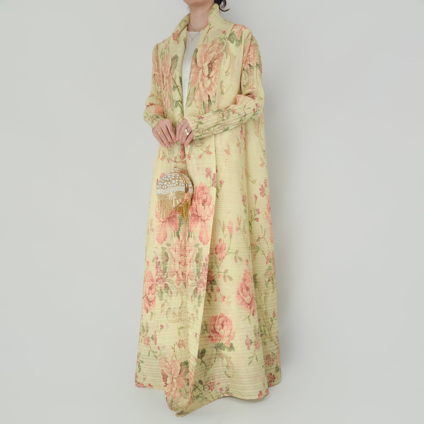 HS6701 Spring Blooms Burgundy Printed Pleated Abaya Cardigan