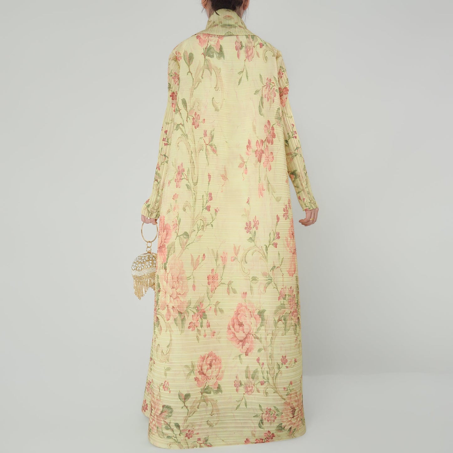 HS6701 Spring Blooms Burgundy Printed Pleated Abaya Cardigan