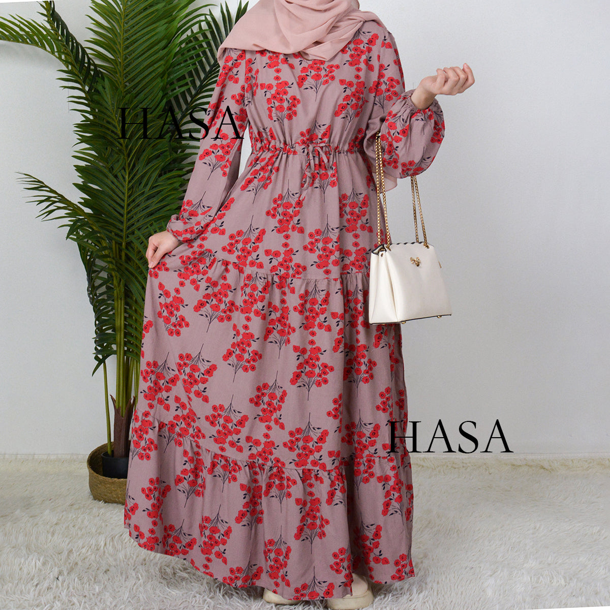 HAYA0819 Rayon long dress V-neck flower dress