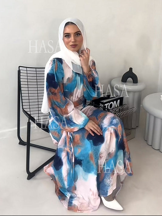 HAYA HA1228 Spring New Fashion Style Graffiti Bubble Sleeves Long Dress