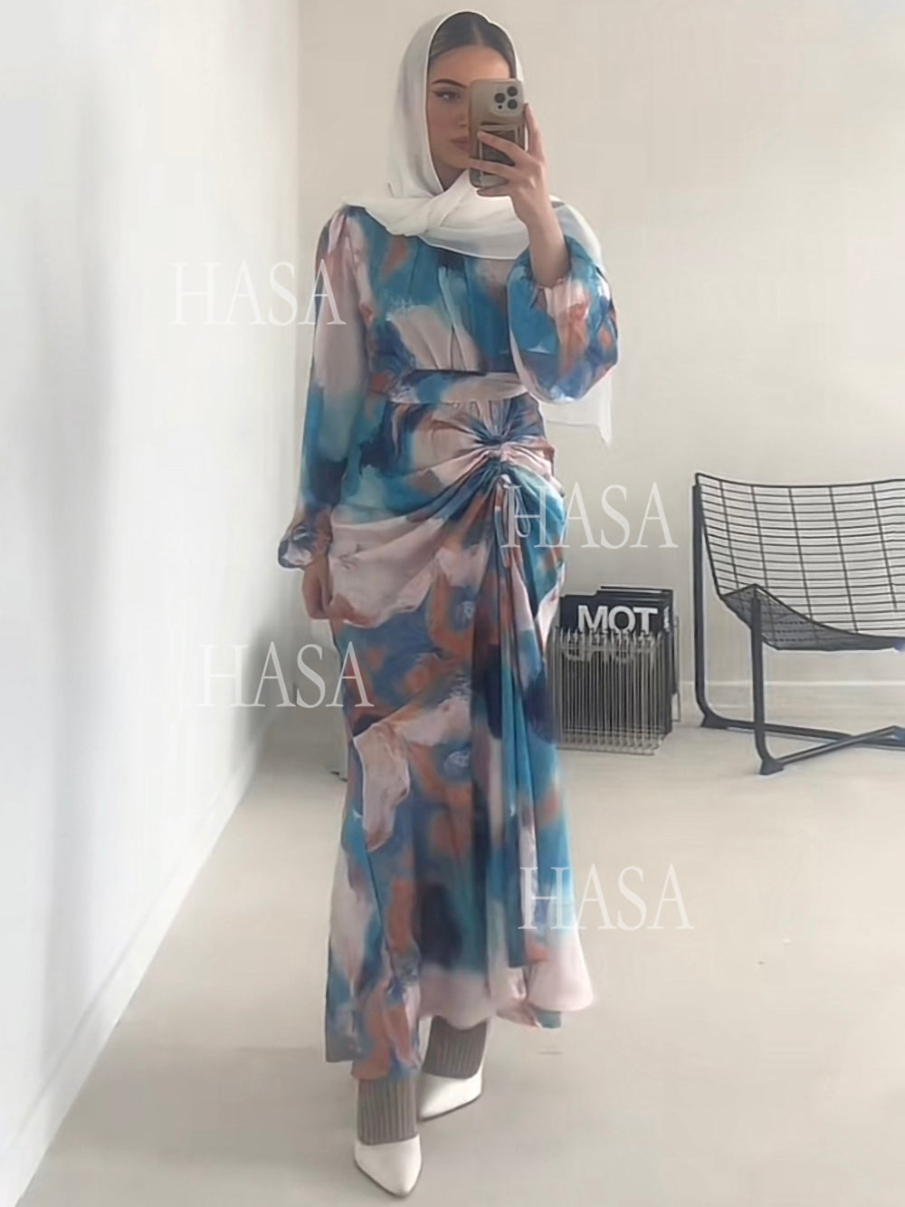 HAYA HA1228 Spring New Fashion Style Graffiti Bubble Sleeves Long Dress