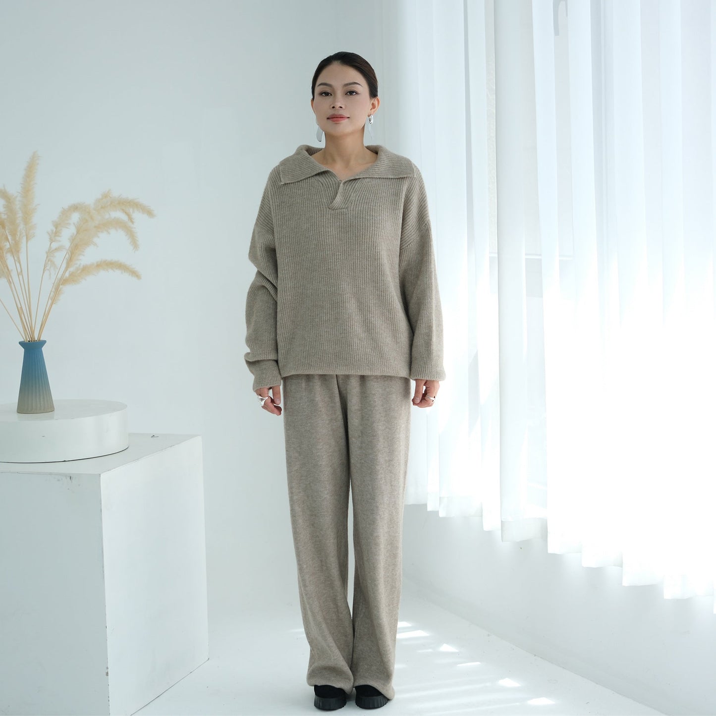 HA6594 Autumn and Winter Thickened Knitted Suit | Simple Solid Color Two-piece Suit
