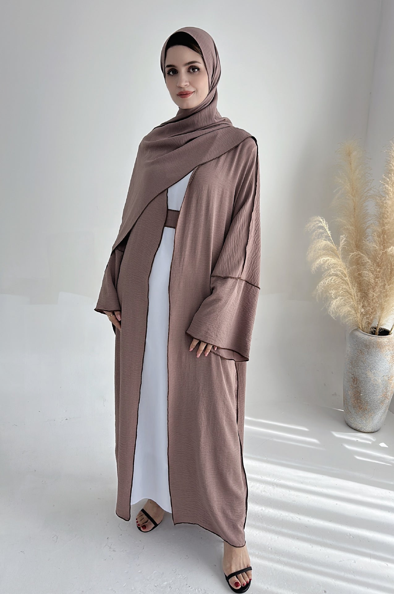 HASA HA1246H 2 PCS SET Crepe Solid Color Loose Hem Cardigan Robe with Hijab